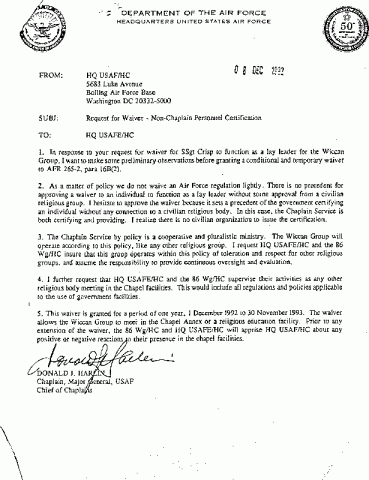 Request for Waiver - Non-Chaplain Personnel Certification - 8 Dec 1992